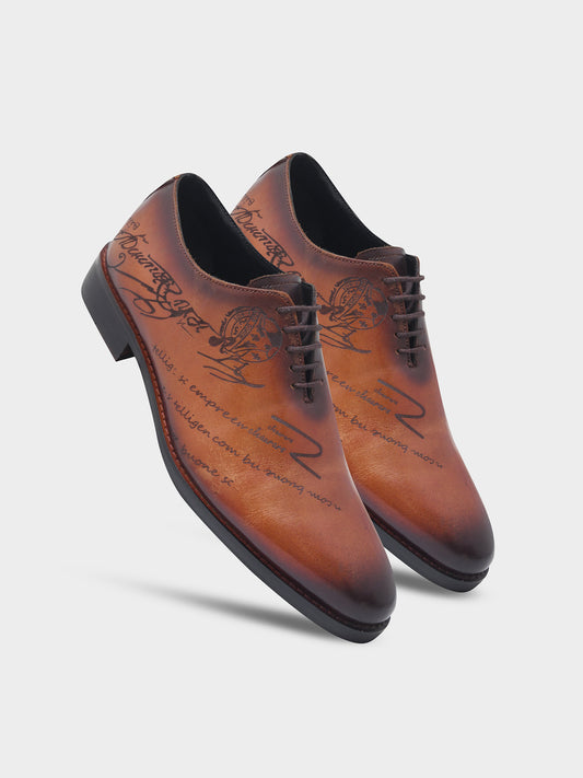 The Vinci - Hand-Painted Wholecut Oxford in Burnished Tan with Script Engraving