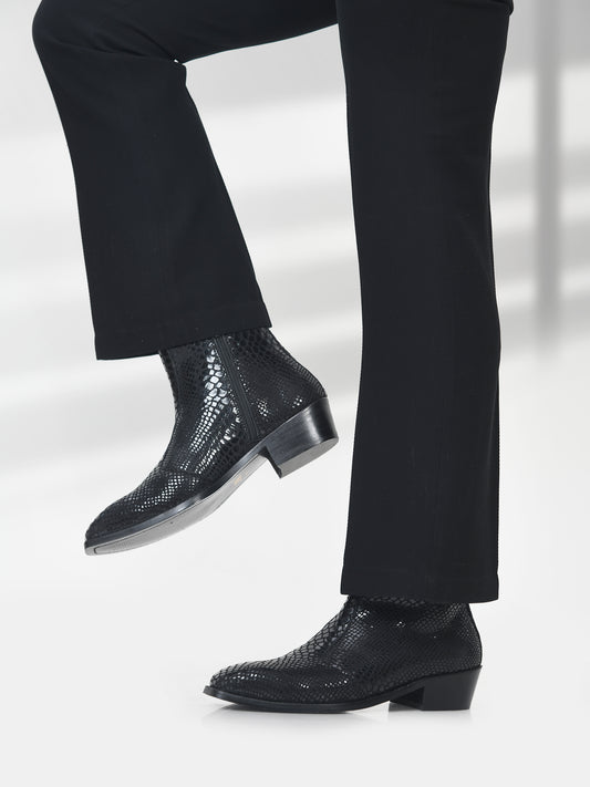 Textured Morgoth - Sqaure Toe Cuban Heel Boot in Black Snakeskin-Textured LeatherLeather Boots in Black | RNK LUXE Leather Boots in Black