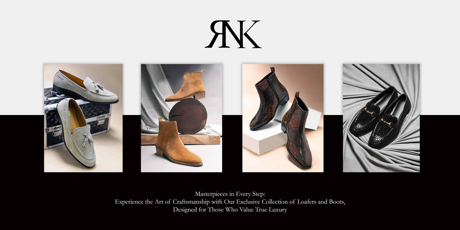 RNK Luxe footwear collection showcasing luxury craftsmanship: grey suede tassel loafers, tan Chelsea boots on a wooden log, brown snake-pattern Chelsea boots, and black croco-pattern loafers with gold detailing. Timeless designs for modern gentlemen.