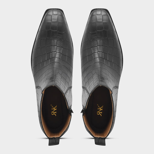 Crocodile Patterned Black Leather Boots for Men