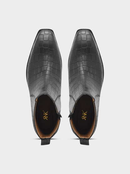 Crocodile Patterned Black Leather Boots for Men