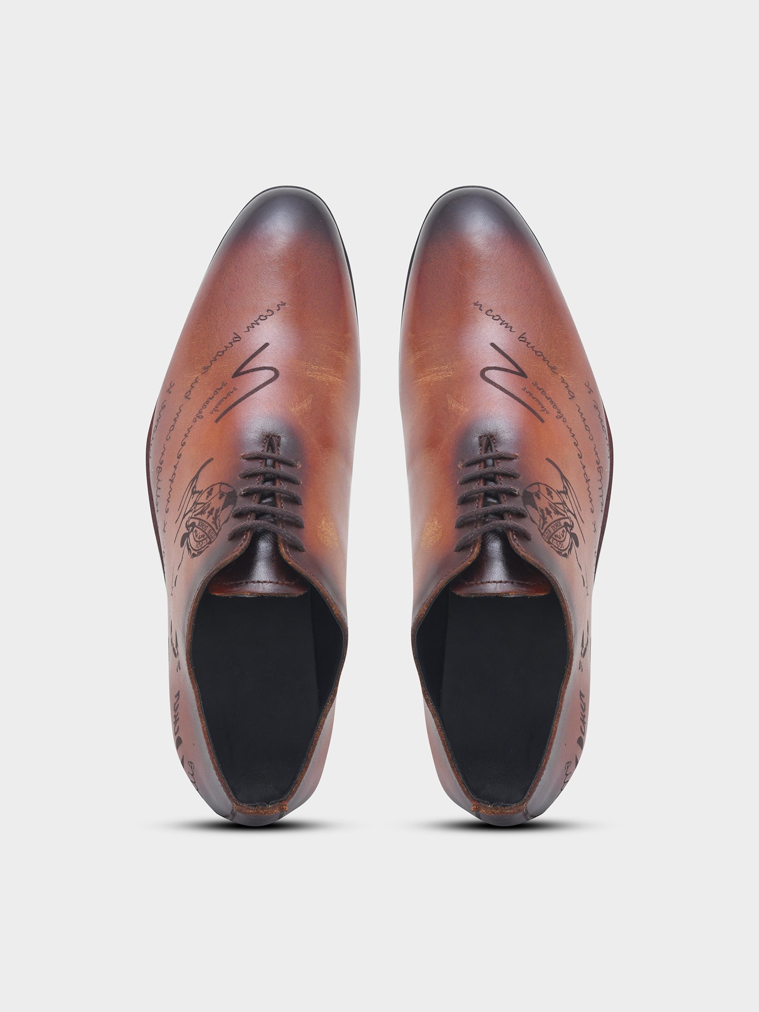The Vinci - Hand-Painted Wholecut Oxford in Burnished Tan with Script Engraving