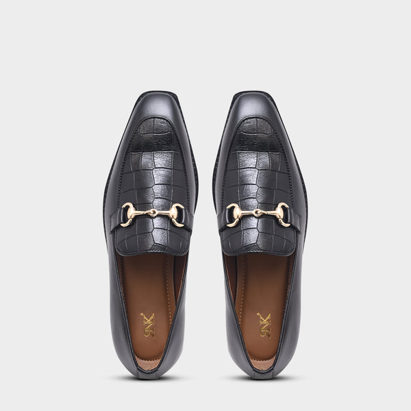 Richie Rich – Black Horsebit Loafers with Croc-Embossed Detail and Cuban Heel