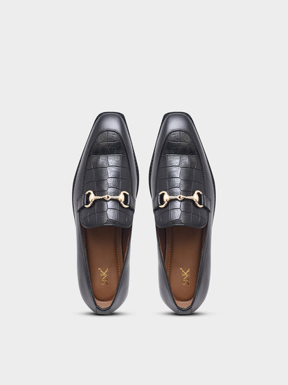 Richie Rich – Black Horsebit Loafers with Croc-Embossed Detail and Cuban Heel