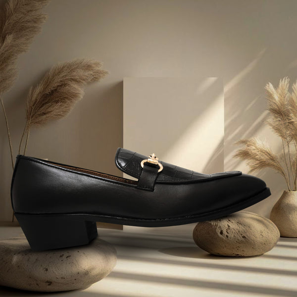 Richie Rich – Black Horsebit Loafers with Croc-Embossed Detail and Cuban Heel