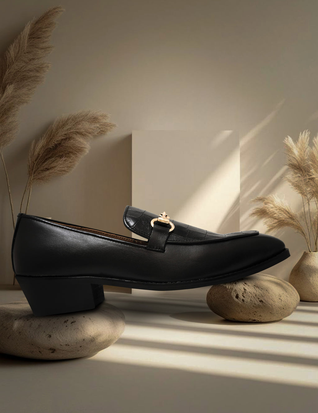 Preview of Richie Rich – Black Horsebit Loafers with Croc-Embossed Detail and Cuban Heel