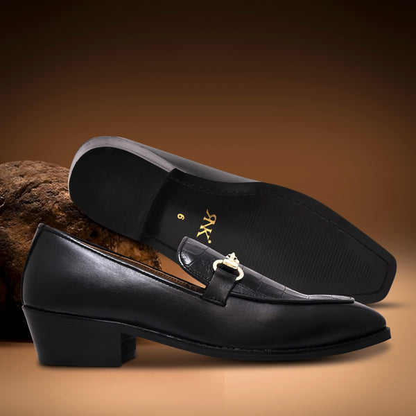 Richie Rich – Black Horsebit Loafers with Croc-Embossed Detail and Cuban Heel