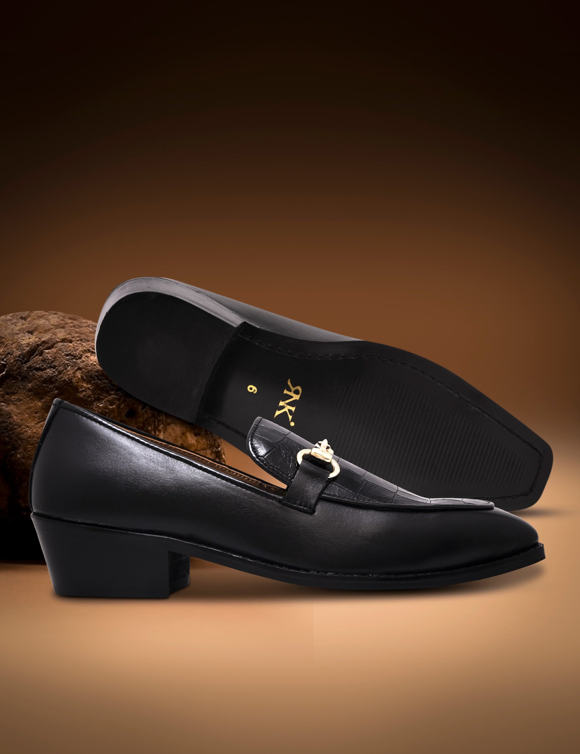 Richie Rich – Black Horsebit Loafers with Croc-Embossed Detail and Cuban Heel