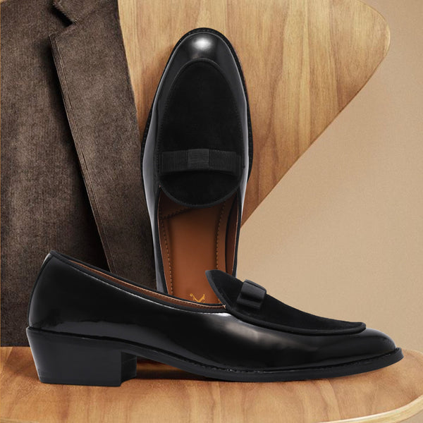 The Tuxe (Cuban Heel) - Patent Leather & Suede Fusion Loafer with Grosgrain Bow in Jet Black