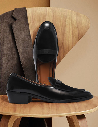 The Tuxe (Cuban Heel) - Patent Leather & Suede Fusion Loafer with Grosgrain Bow in Jet Black