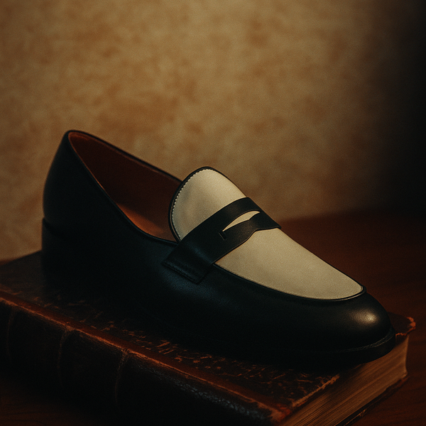 Black and white leather loafers on a mid heel 