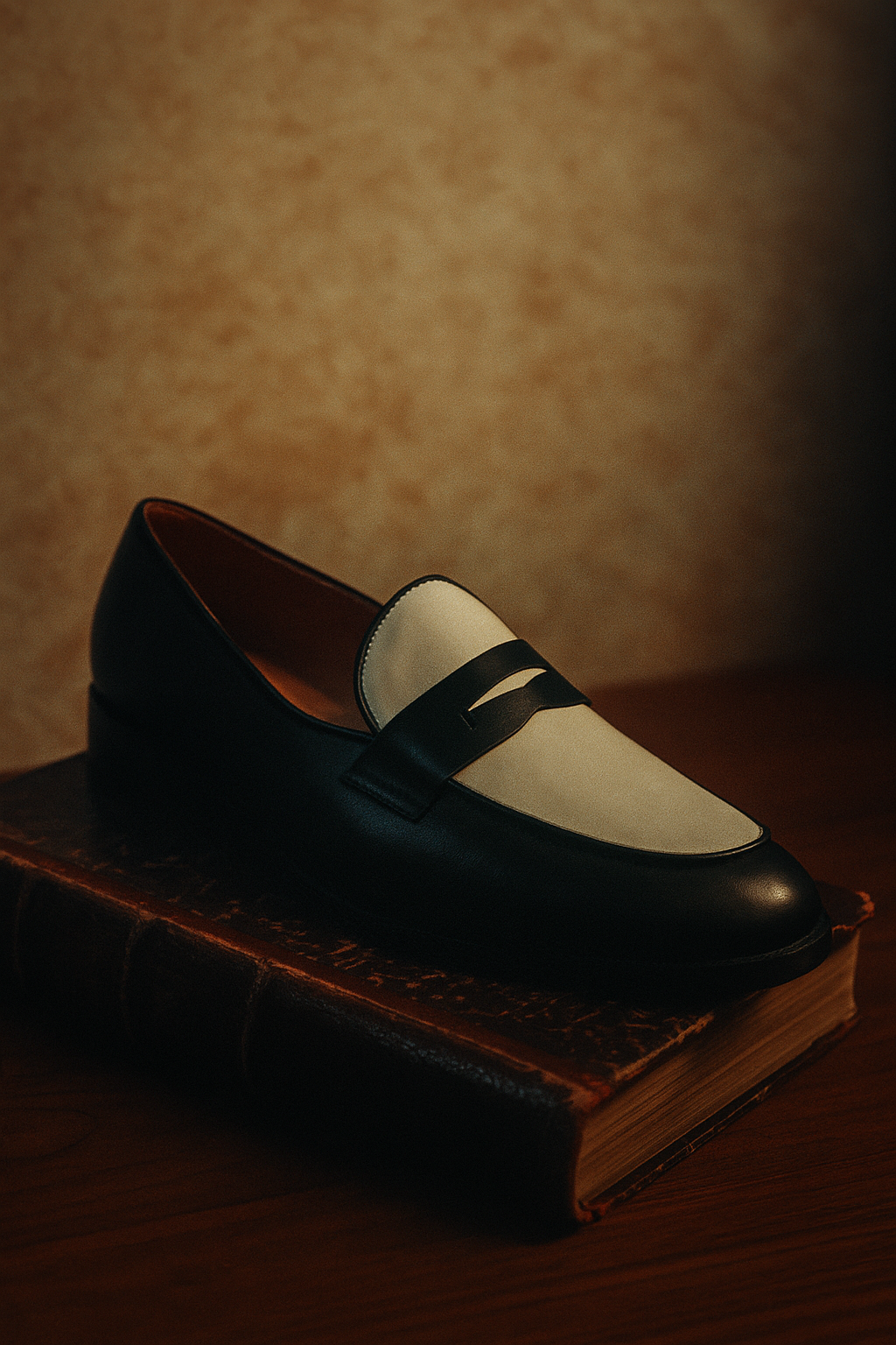 Preview of Black and white leather loafers on a mid heel 