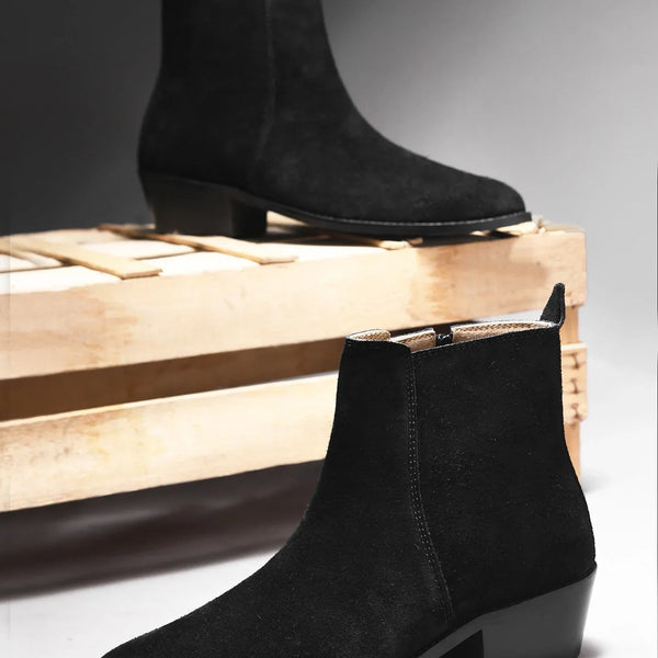 Black suede boots with a side zip in Cuban heel | RNK LUXE