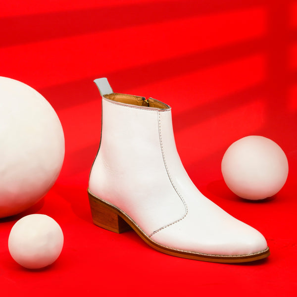 White Leather Cuban Heel Boots
