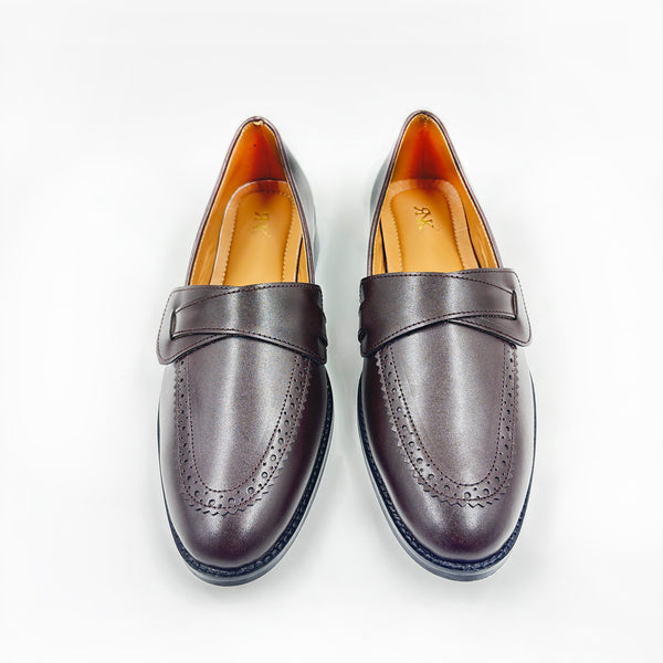 Pair of brown penny loafers on mid heel