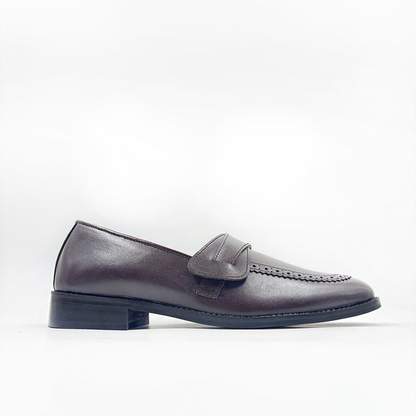 Brown penny loafers on mid heel
