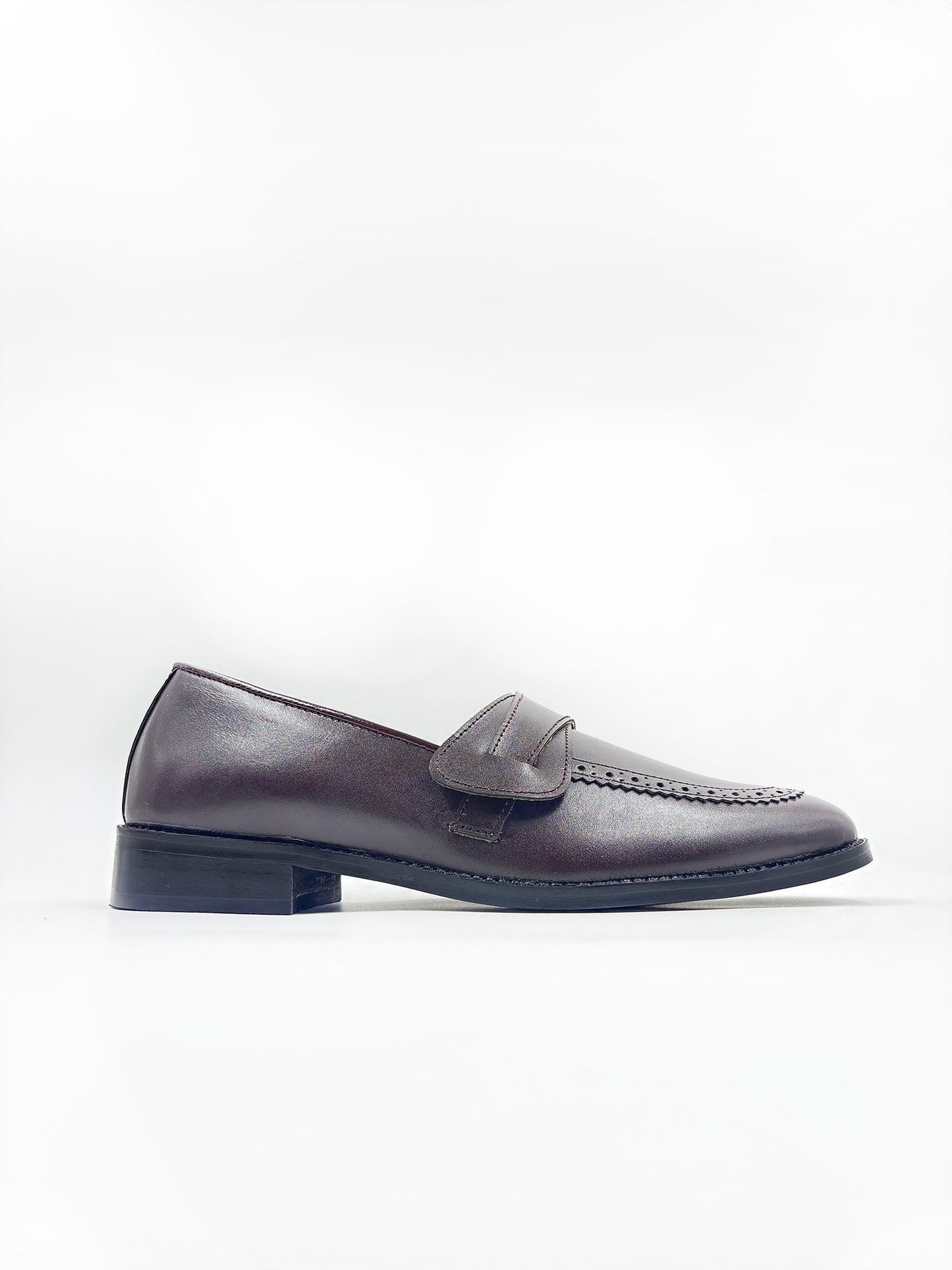 Brown penny loafers on mid heel