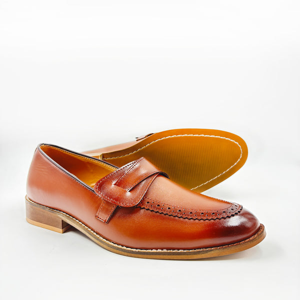 Pair of brown leather penny loafers on mid heel