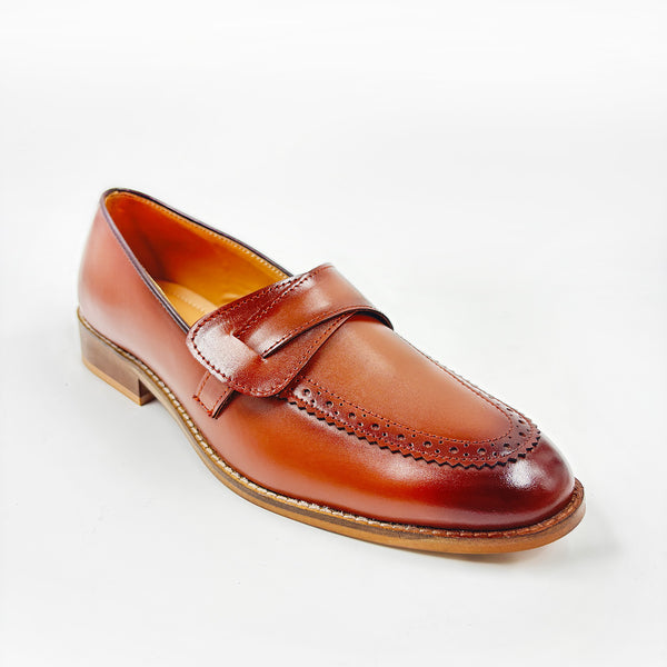 Brown leather penny loafers on mid heel