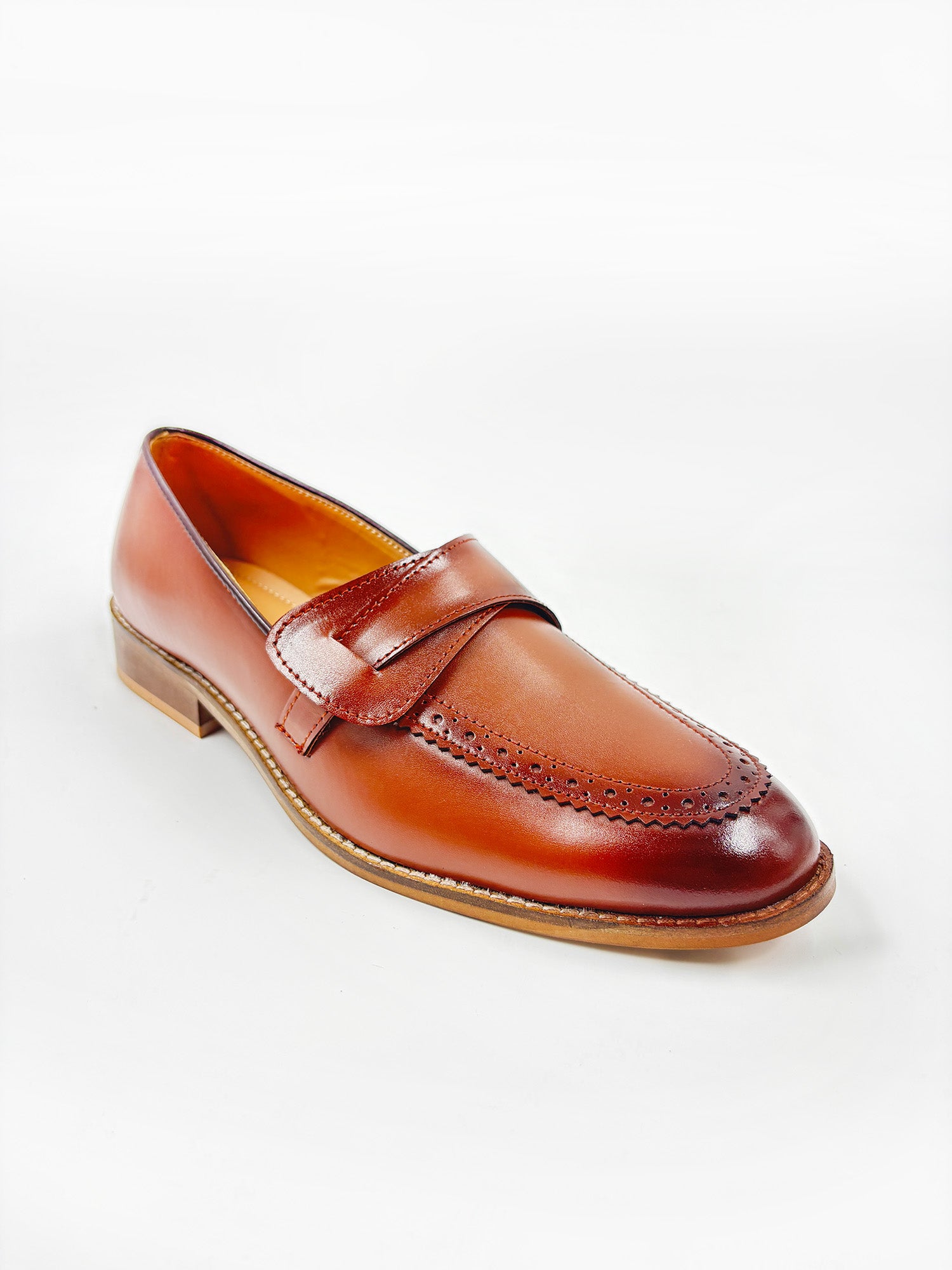 Brown leather penny loafers on mid heel