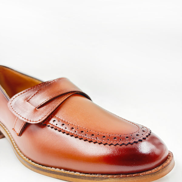 Brown leather penny loafers on mid heel