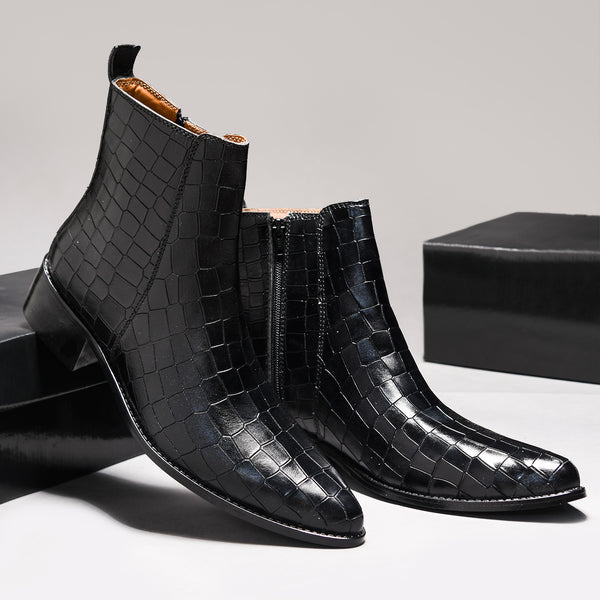 Men’s black crocodile-textured leather Chelsea boots with a sleek, pointed toe design