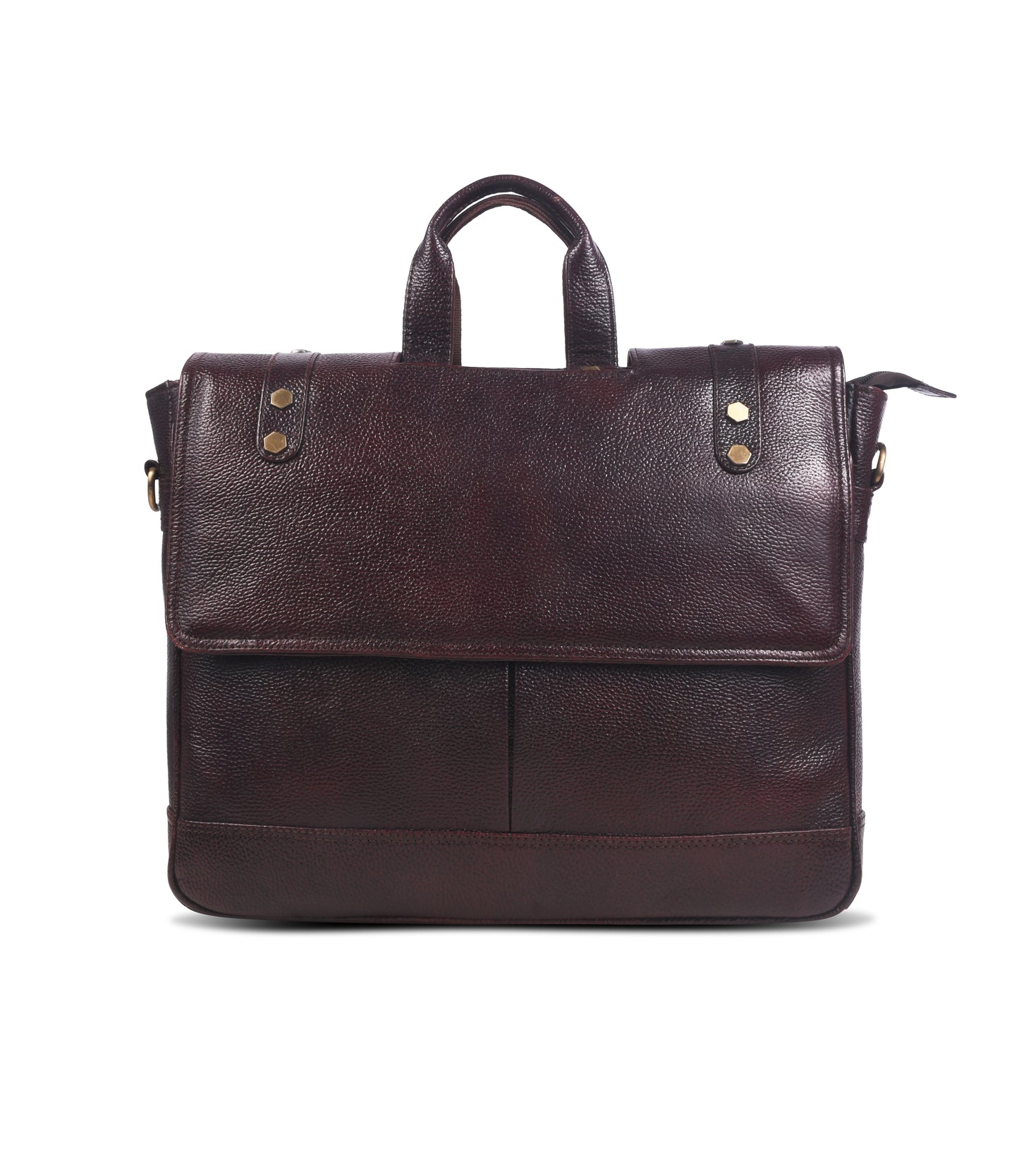 Brown leather messenger bag with gold accents 