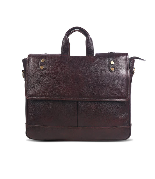 Brown leather messenger bag with gold accents 