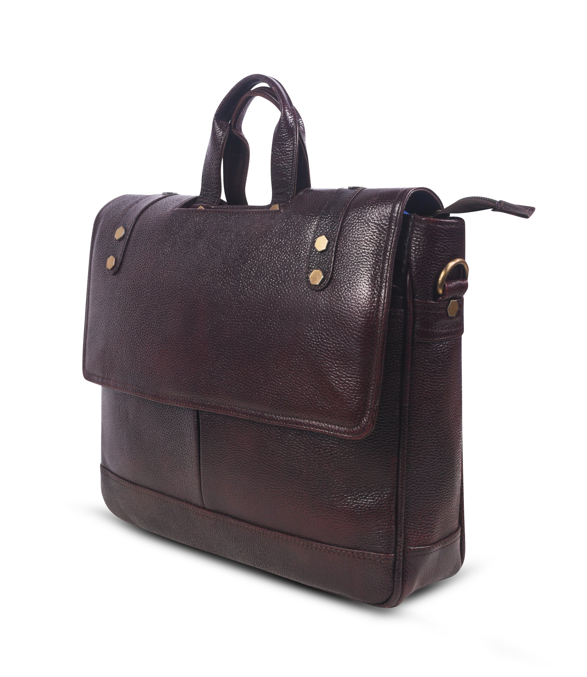 Brown leather messenger bag with gold accents 
