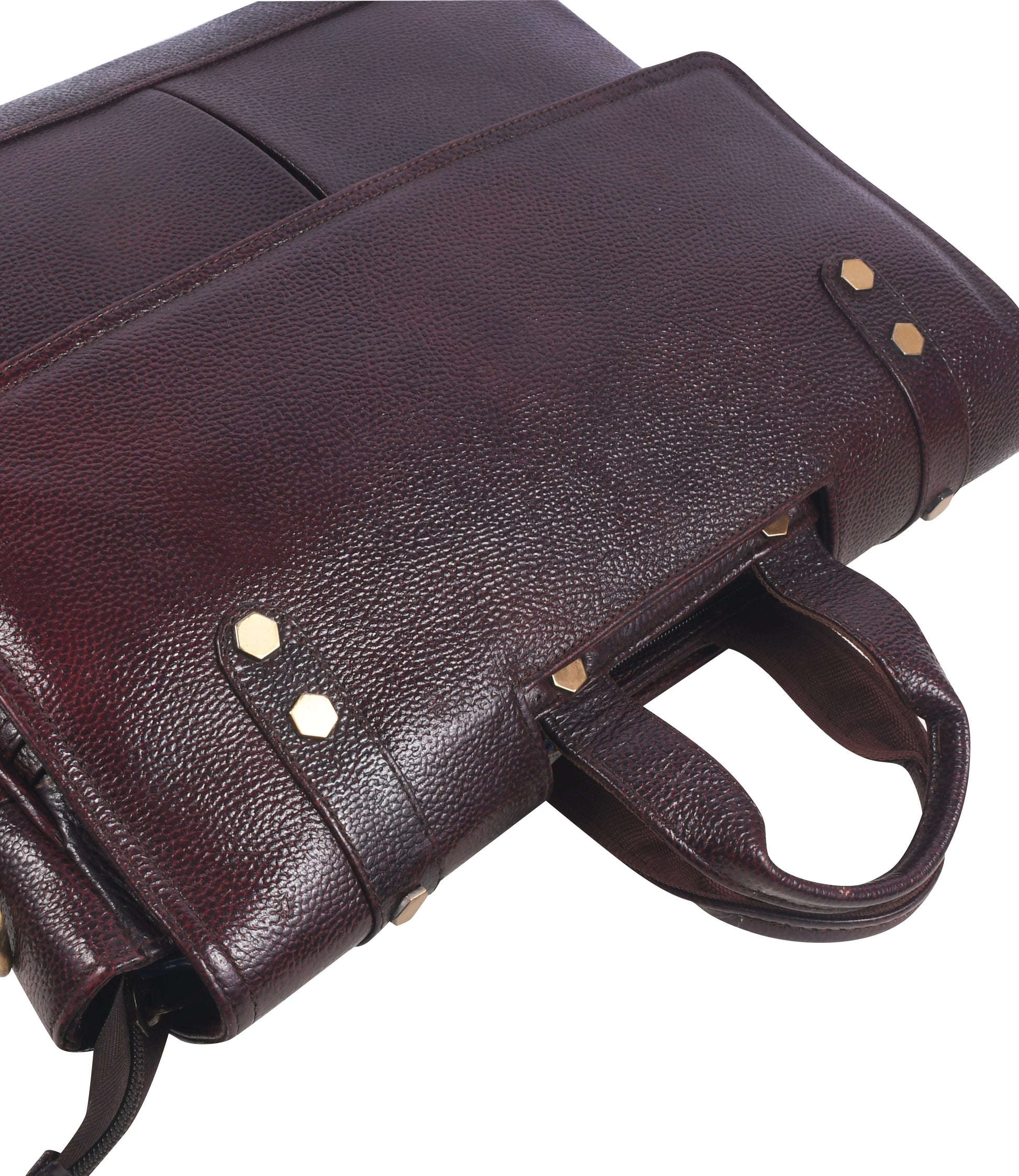 Close-up of a Brown leather messenger bag with gold accents 