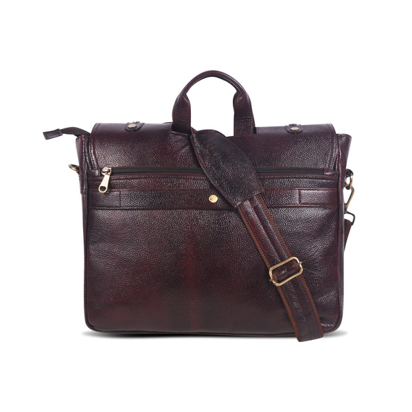 Brown leather messenger bag with gold accents 