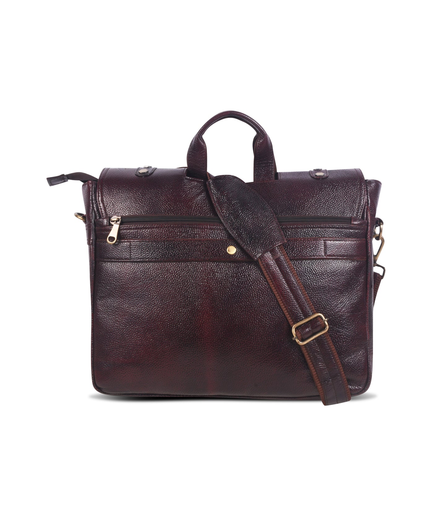 Brown leather messenger bag with gold accents 