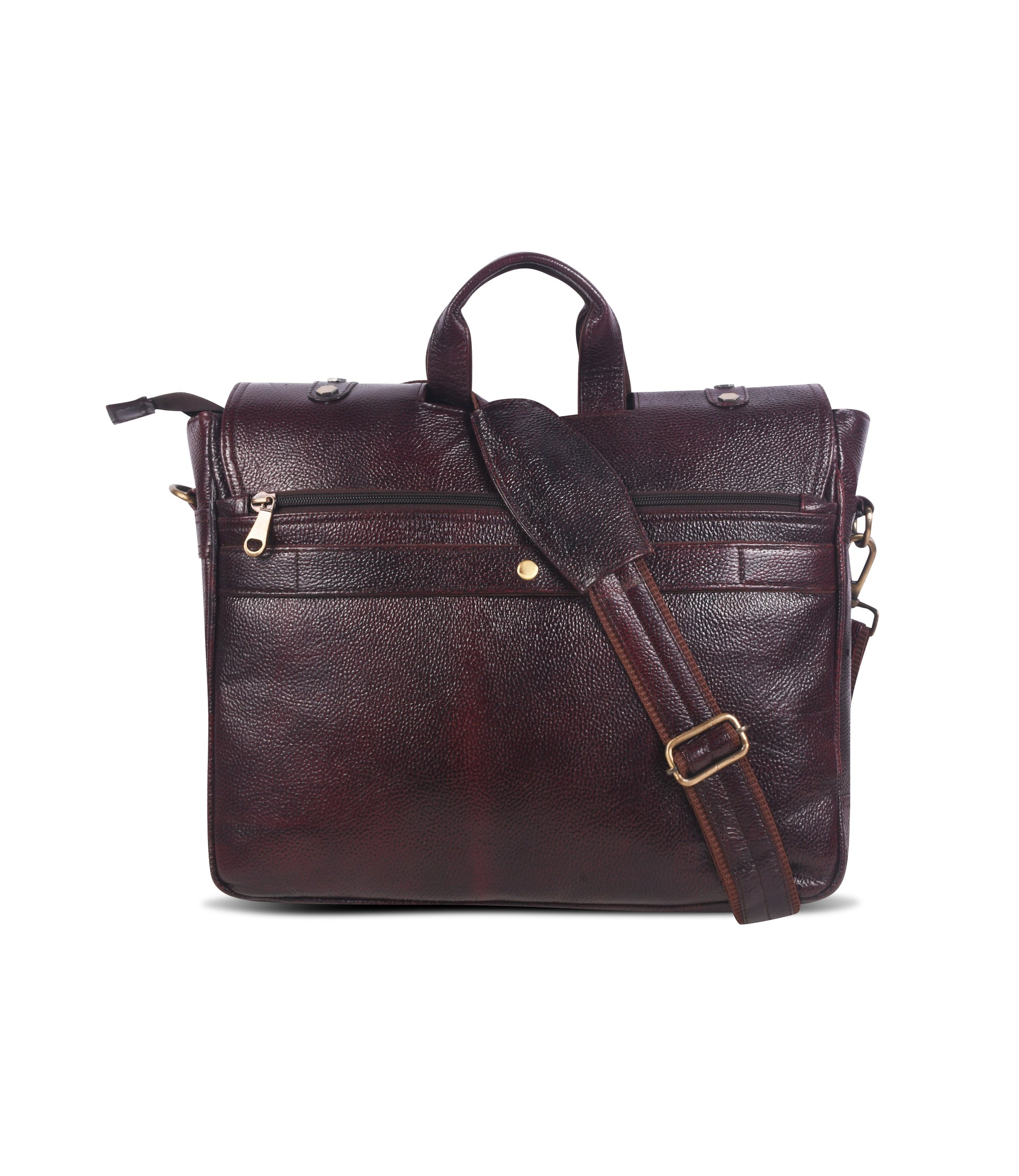 Brown leather messenger bag with gold accents 