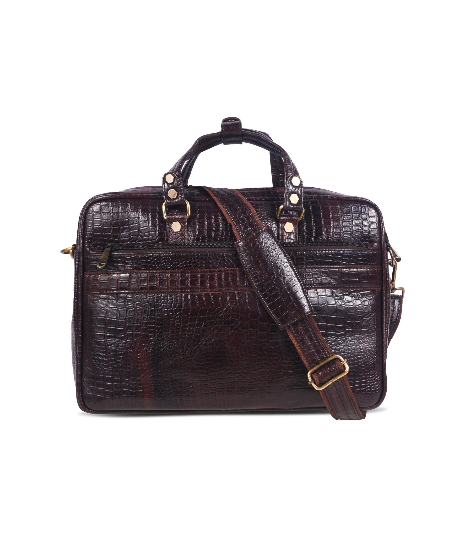 Brown crocodile skin messenger bag with gold accents 