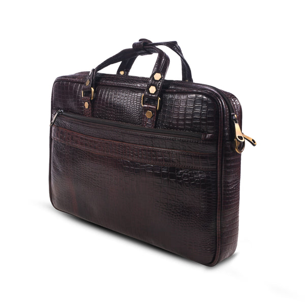 Brown crocodile skin messenger bag with gold accents 
