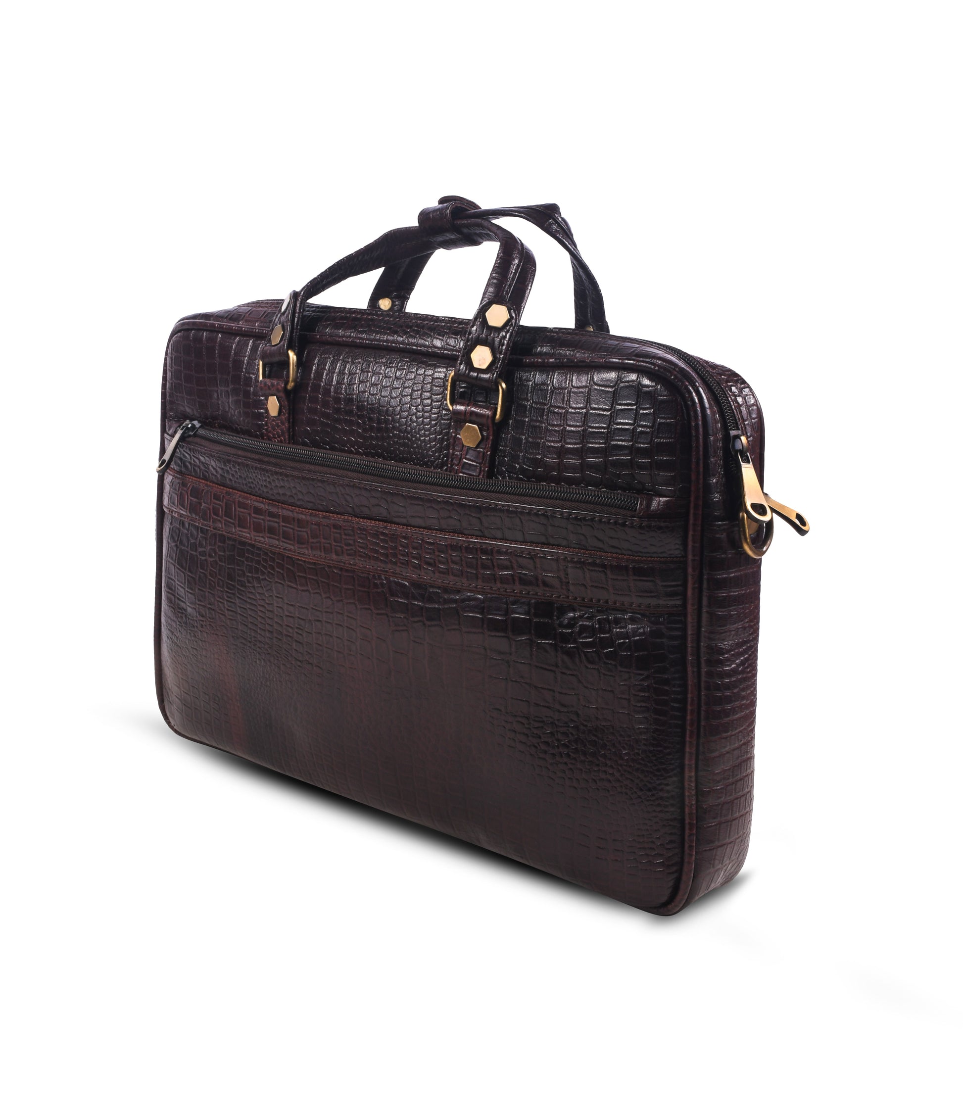Brown crocodile skin messenger bag with gold accents 