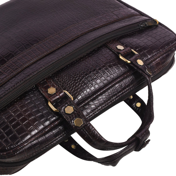 Brown crocodile skin messenger bag with gold accents 