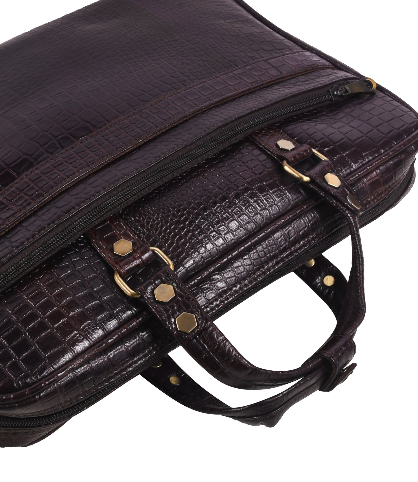 Brown crocodile skin messenger bag with gold accents 