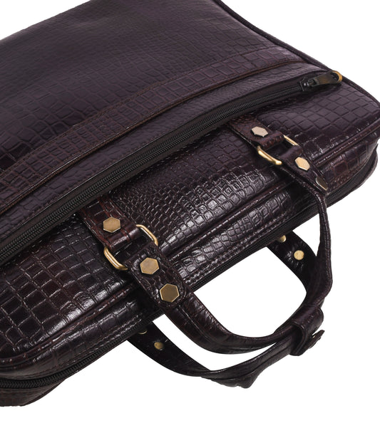 Brown crocodile skin messenger bag with gold accents 