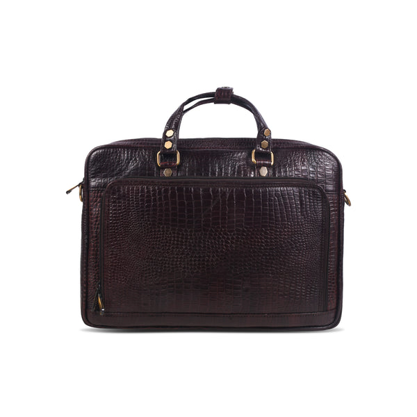 Brown crocodile skin messenger bag with gold accents 