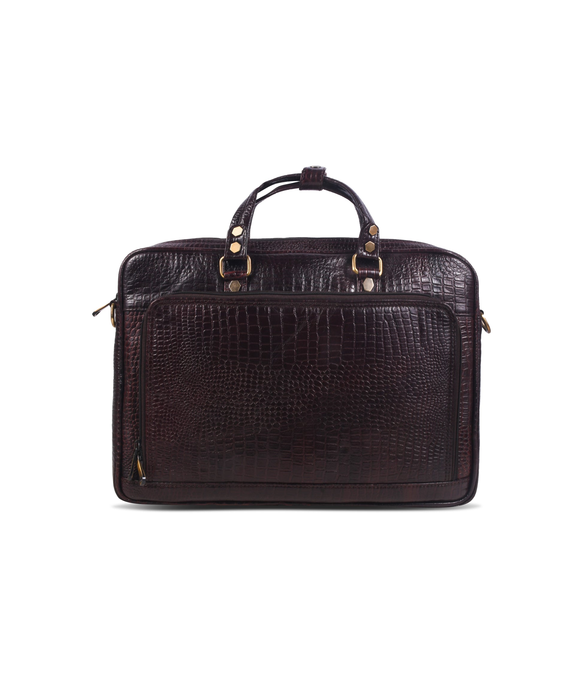 Brown crocodile skin messenger bag with gold accents 