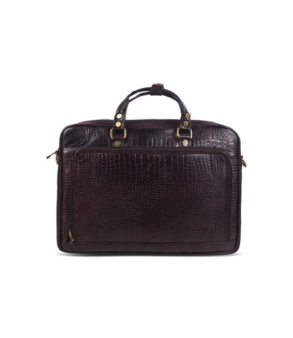 Brown crocodile skin messenger bag with gold accents 