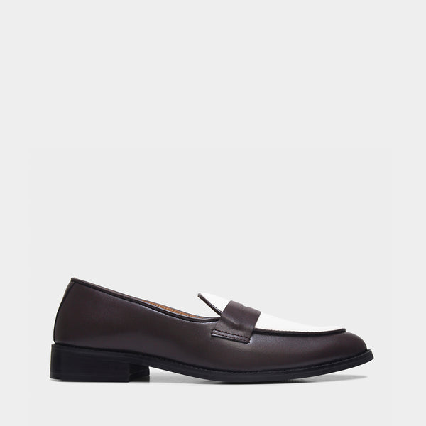 Brown loafer shoe on a light gray background