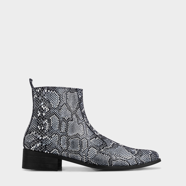 RNK Luxe Medusa Rex boots – luxury men’s ankle boots in textured snakeskin leather with pointed toe and Cuban heel