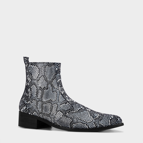 RNK Luxe Medusa Rex boots – luxury men’s ankle boots in textured snakeskin leather with pointed toe and Cuban heel