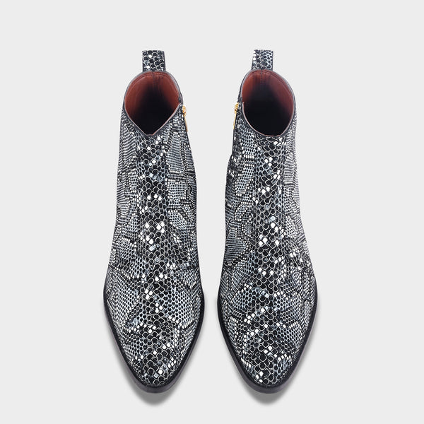 RNK Luxe Medusa Rex boots – luxury men’s ankle boots in textured snakeskin leather with pointed toe and Cuban heel