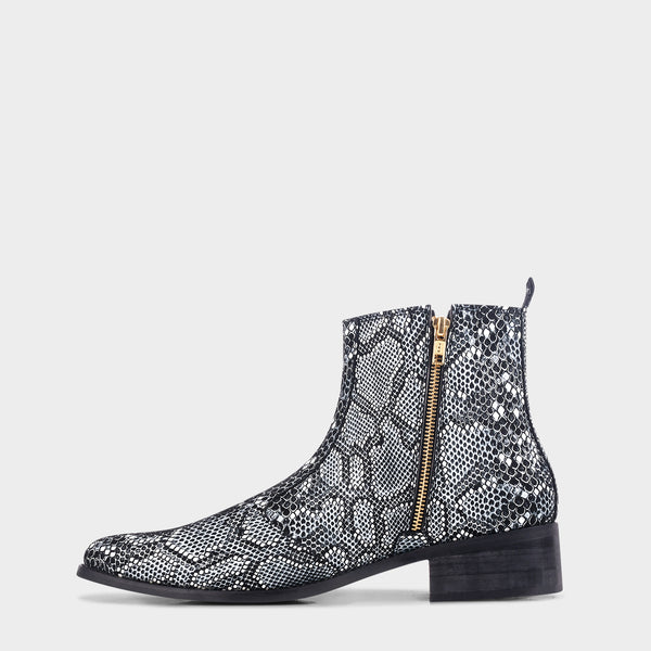 RNK Luxe Medusa Rex boots – luxury men’s ankle boots in textured snakeskin leather with pointed toe and Cuban heel