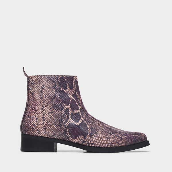 Python snake-patterned Chelsea boots with side zipper and mid heel