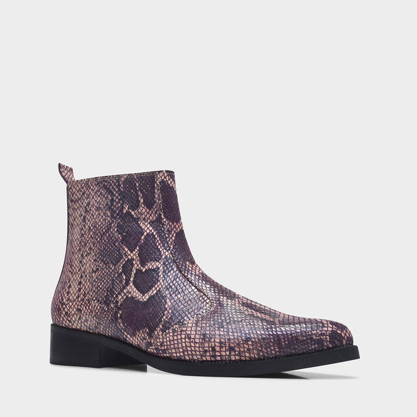 Python snake-patterned Chelsea boots with side zipper and mid heel