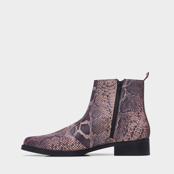 Python snake-patterned Chelsea boots with side zipper and mid heel